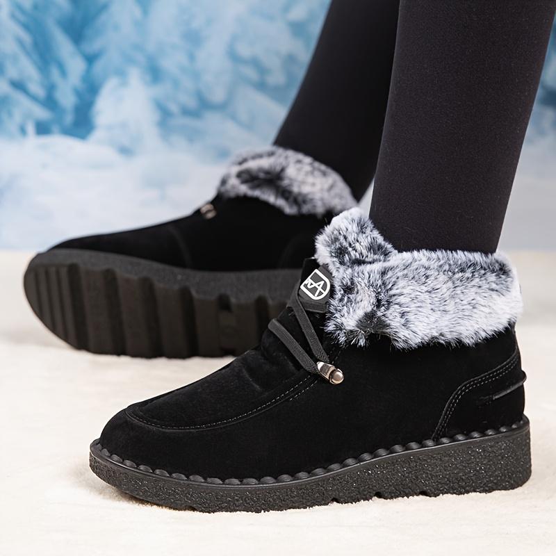 Women'S Winter Ankle Boots - Cozy Fleece-Lined Round Toe Lace-Up Boots with Thick Sole, Black & Gray Plush Design, for Cold Weather