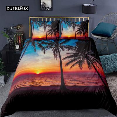 Juego de Funda Nórdica Ocean Beach King Microfibra Atardecer Tropical Playa con Palmeras Juego de Cama Cubierta de Edredón Noche Oceánica Pacífica