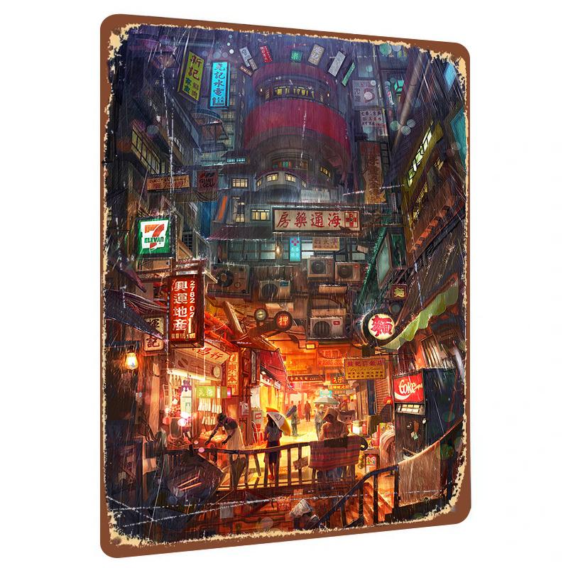 Vintage Hong Kong Rainy Night Street Metal Wall Art Retro City Neon Decor for Home Office Decoration 20x30cm(7.8x11.8inch)
