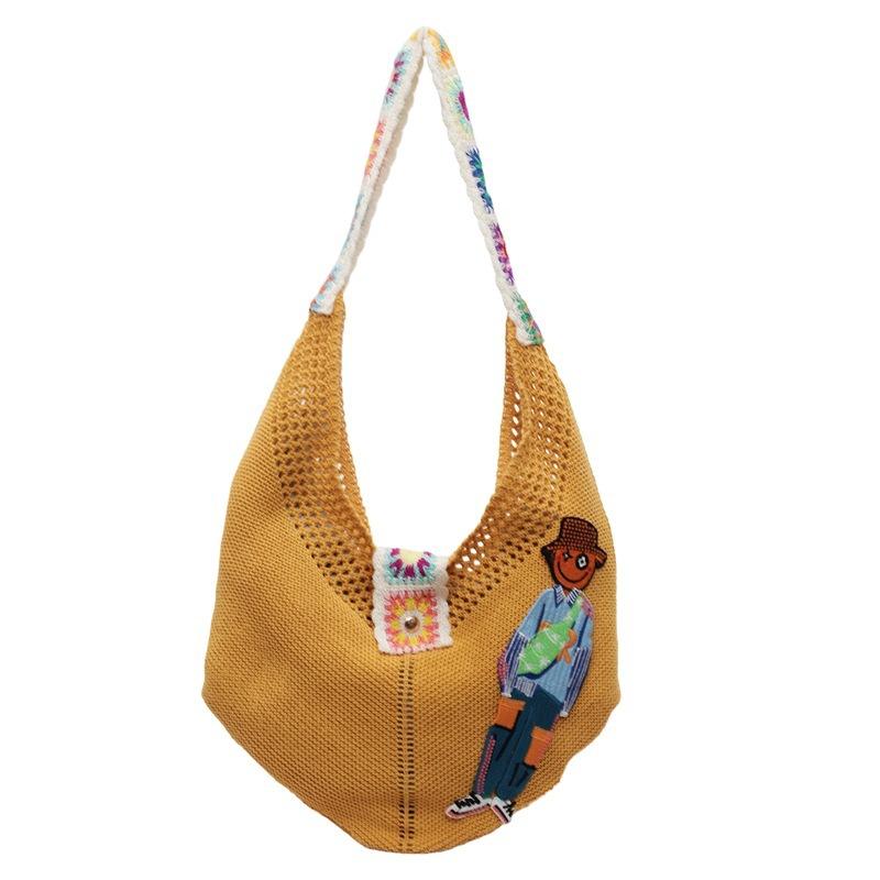 Carto Figure Hollow Mesh Knit Shoulder Bag,Beach Vacati Slouchy Chic Tote Bag,Lightweight Laid-Back Casual Women Handbag