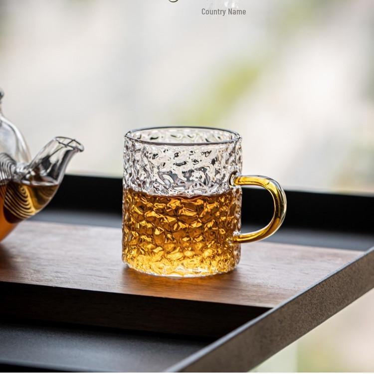Japanese-Style Borosilicate Glass Tea Cup with Fish Scale Hammer Pattern and Handle, Ideal for Kung Fu Tea Set