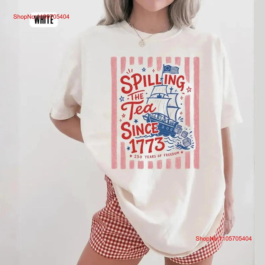 Striped Spilling The Tea Since 1773 T Shirt Funny 4th Of July Preppy Patriot Vintage Stretched