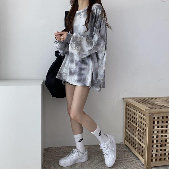 Plus Size Long Sleeve T-shirts Women Harajuku Tie-dye Autumn Loose Tops Teens Streetwear Y2k Sun-proof Clothing