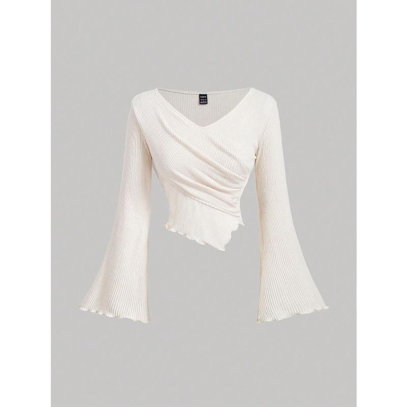 JKASHDK Women's Fashion Casual Spring Autumn Solid Color Print Long Sleeve V-Neck Blouses & Shirts