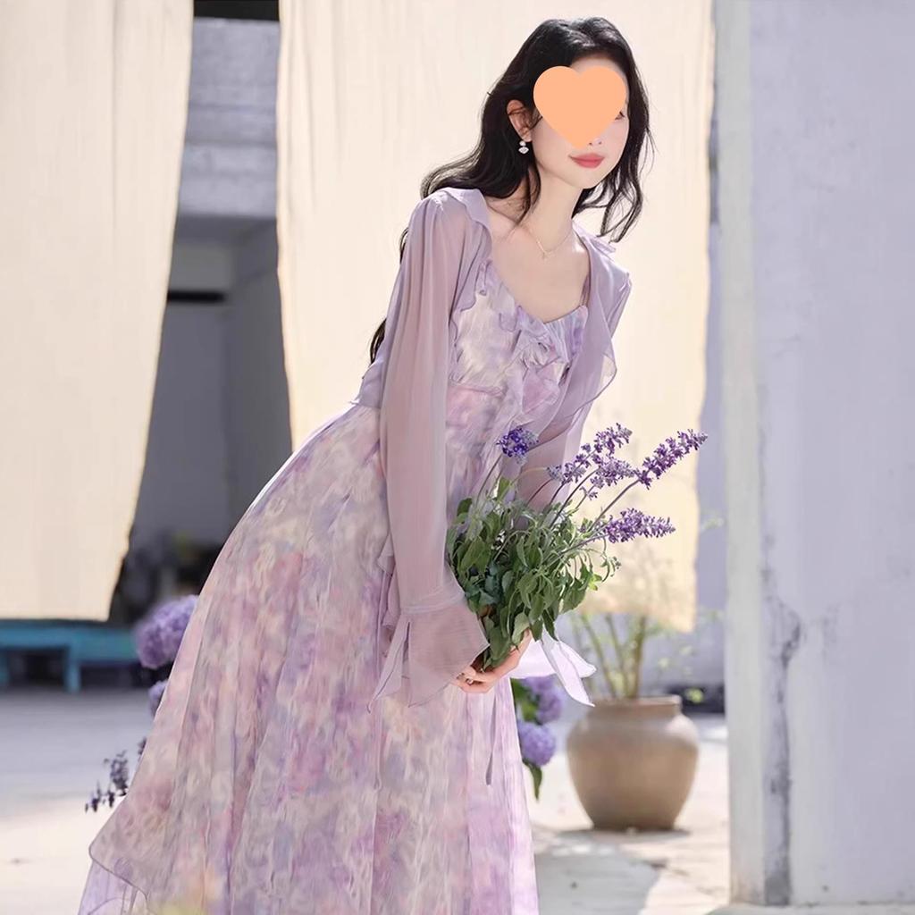 Elegant Purple Suspender Dress & Sun Protection Cardigan Set