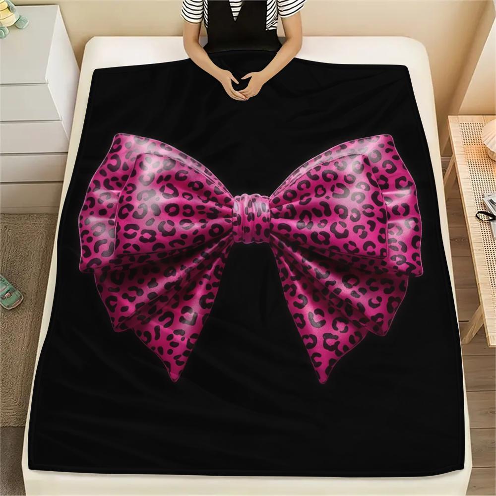 1Pc Pink Bow Print Flannel Blanket, High quality Comfortable for All Seasons, Home Decor, Warmth and Comfort, Perfect for Christmas Gifts W29
