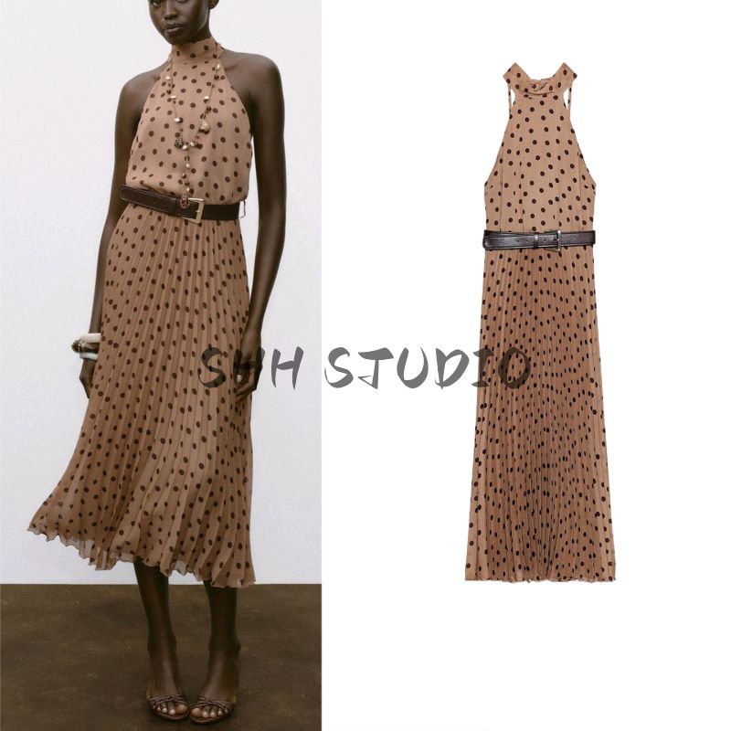 Autumn New Women's Clothing Small Pleated Open Back Design Polka Dot with Belt Midi Skirt Dress 8642802