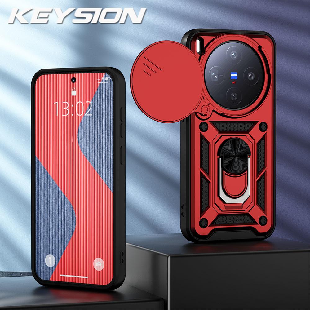 KEYSION Shockproof Armor Case for VIVO X300 Pro 5G Silicone+PC Slide Camera Lens Protection Ring Stand Phone Cover for VIVO X300