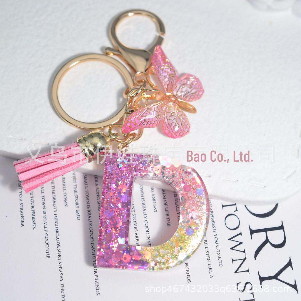 New Sparkling Sequin Initial Keychain with Butterfly Tassel & Crystal Accents