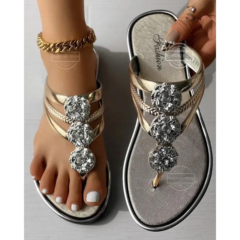 Zehentrenner Damen Hausschuhe Strass Blumenmuster Ausgeschnitten Kristall Zehensteg Silberne Strandsandalen Goldener Riemen Sandale
