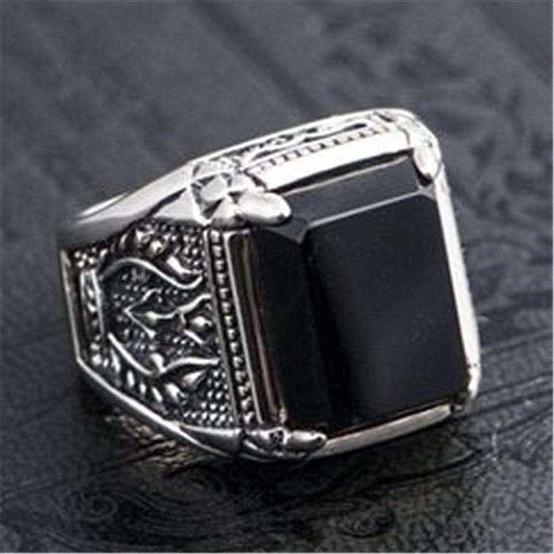Retro Thai Silver Dark Souls Black Agate Adjustable Men's Ring - Trendy Four-Claw Gemstone Design