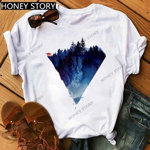 Mountain Print T-shirt Casual Harajuku T-shirt Beautiful Mountain Print Men's and Women's Trend Short Sleeve Summer polyester