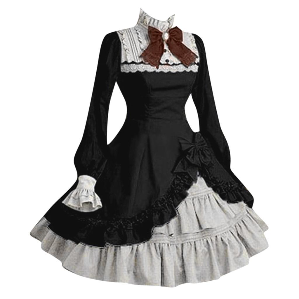 Lady  Women Lace Long Sleeve Bowtie Cosplay Costumes Party Dress With Bow gothic