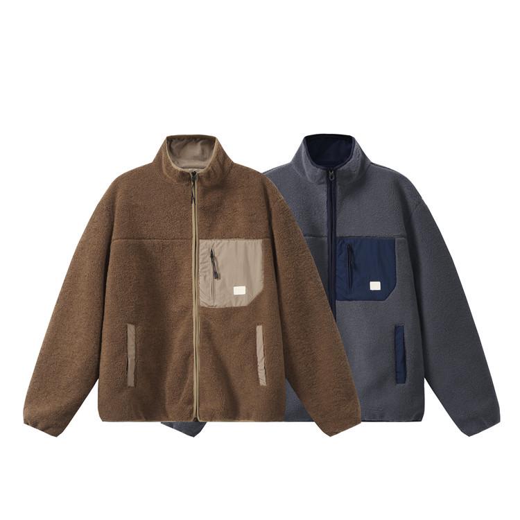 QIYOU Podzim 2025 Unisex Retro Patchworková bunda z jehněčí vlny se stojáčkem