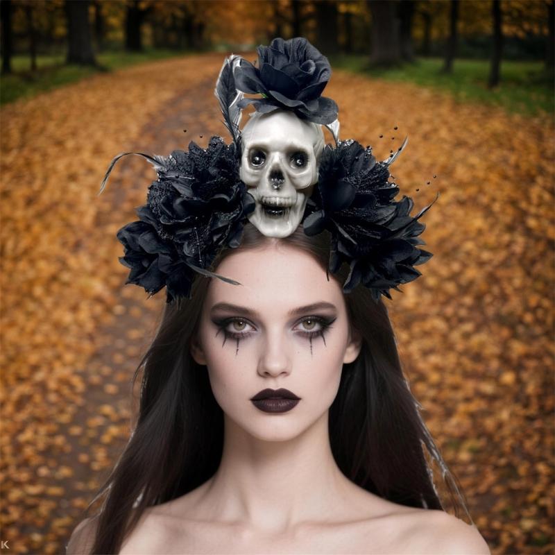 Halloween Party Skull Headpiece With Punk Flower Decors Comfortable Hairband For Adult Costume Event Gathering Headwear
