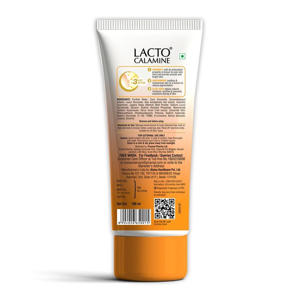 Lacto Calamine Vitamin C Ansiktsvask Pakke med 1 x 100 ml Aloe Vera Niacinamid Eksfolierende Ansiktsvask for Glødende Hud