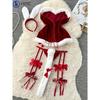 Sexy Naughty Santa Claus Cosplay Costume - Red and White Stretch Fabric Lingerie Set with Burgundy Bow, Thong, Headband and Collar - Adjustable