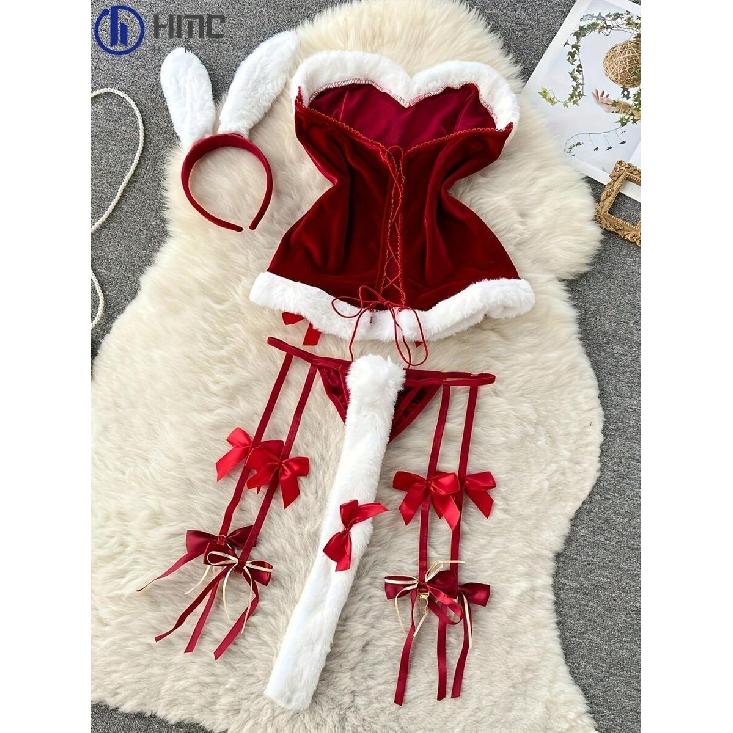 Sexy Naughty Santa Claus Cosplay Costume - Red and White Stretch Fabric Lingerie Set with Burgundy Bow, Thong, Headband and Collar - Adjustable