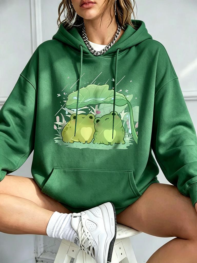 Fall/Winter Fashion Casual Loose Men's Hooded Sweatshirt - Two Frog Rain Shelter Print Women's Soft Street Hooded Sweatshirt