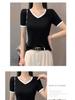 Women's V-Neck Color Block Short Sleeve T-Shirt, 2025 Spring/Summer, Slim Fit, Straight Shoulder, Low Neckline, Trendy Niche Design
