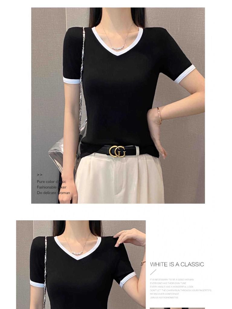 Women's V-Neck Color Block Short Sleeve T-Shirt, 2025 Spring/Summer, Slim Fit, Straight Shoulder, Low Neckline, Trendy Niche Design