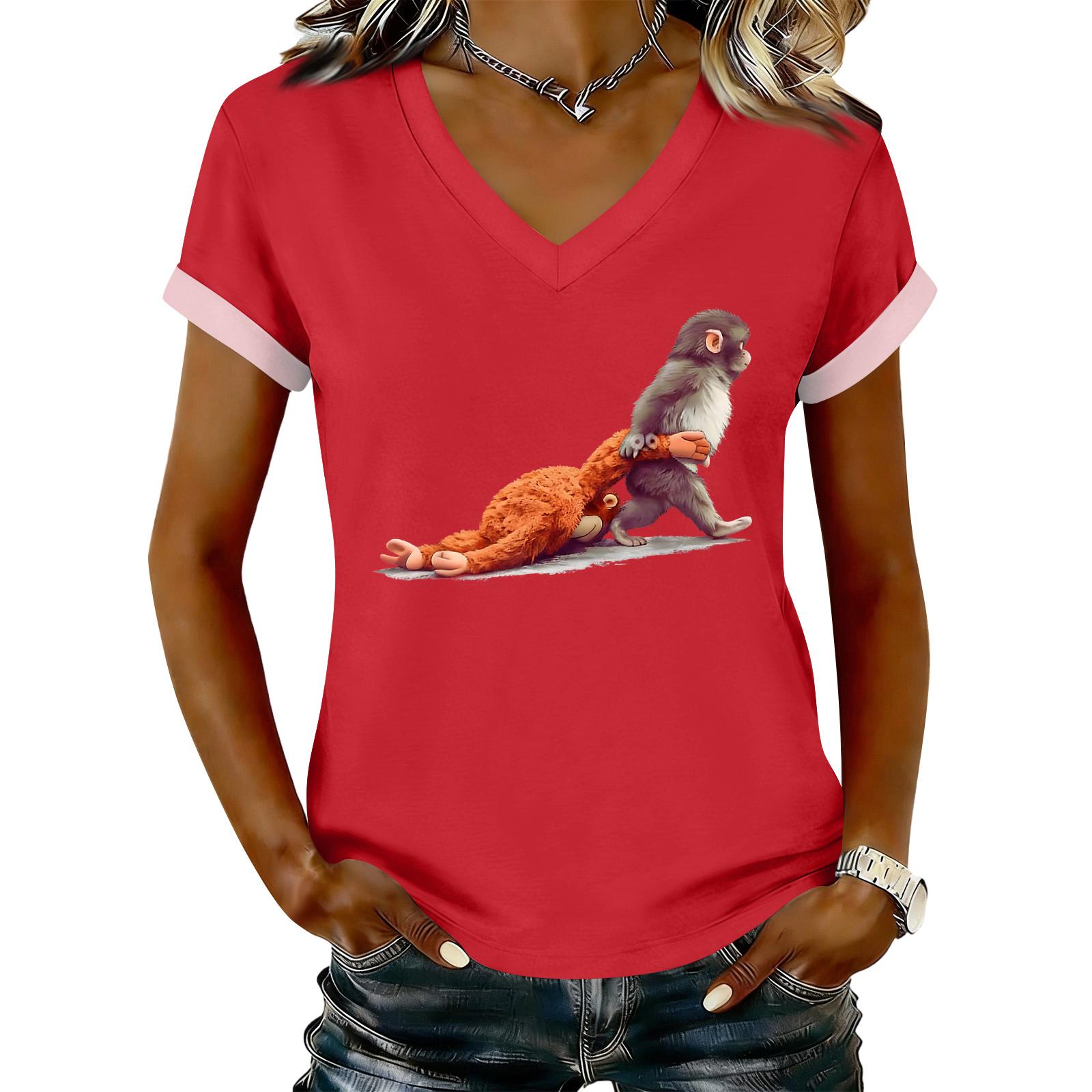 

Women s Casual Printed T-Shirt V Neck Pullover Short Sleeve Top XL червоний