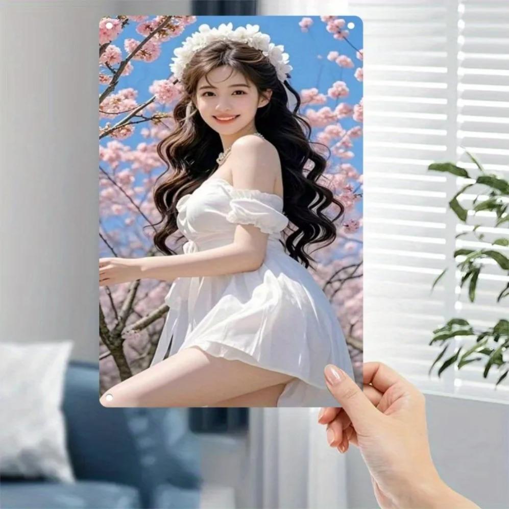 Винтажное Металлическое Настенное Искусство Аниме Девушка Цветущая Вишня Плоский Цветочный Декор 20x30cm