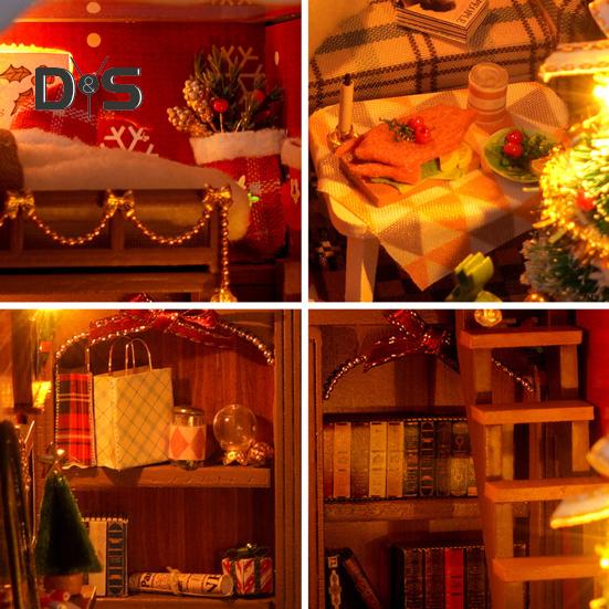 Kit de mini maison à thème de Noël à faire soi-même avec meubles lumineux à LED pour enfants et adultes, petite maison faite à la main, modèle de maison de poupée, serre-livres, étagère, décoration