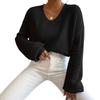 Cross-border knitted women's clothing Europe, America, Amazon 2023 autumn new solid color V-neck lantern long-sleeved pullover sweater