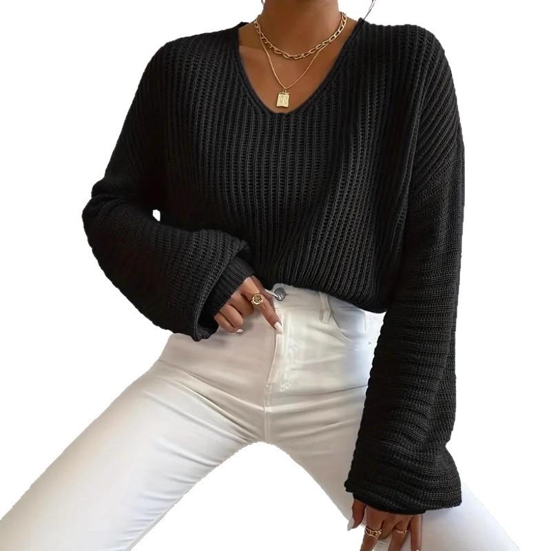 Cross-border knitted women's clothing Europe, America, Amazon 2023 autumn new solid color V-neck lantern long-sleeved pullover sweater