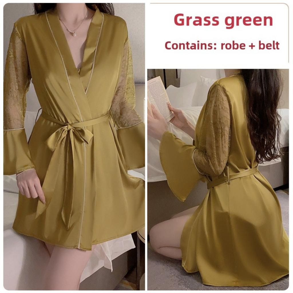 Süße Spitze Tiefes V Plus Brustpolster Sexy Neckholder Seidiger Satin Nachthemd Robe Hausset