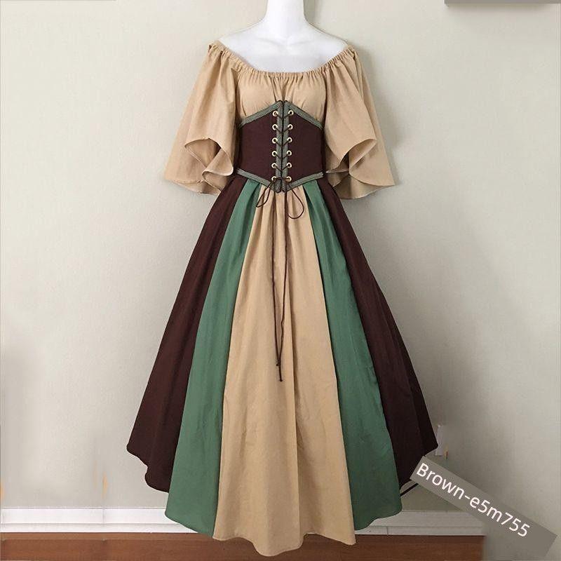 European and American Style Off-Shoulder Dress for Women, Medieval Retro Color-Blocking with Flutter Sleeves, Tie-Waist, and Large Hem Skirt