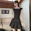 Sweet and Spicy Style Retro Plaid Vest Dress Women's Summer Design Feeling Waist and Thin Pleated Skirt A-word Short Skirt