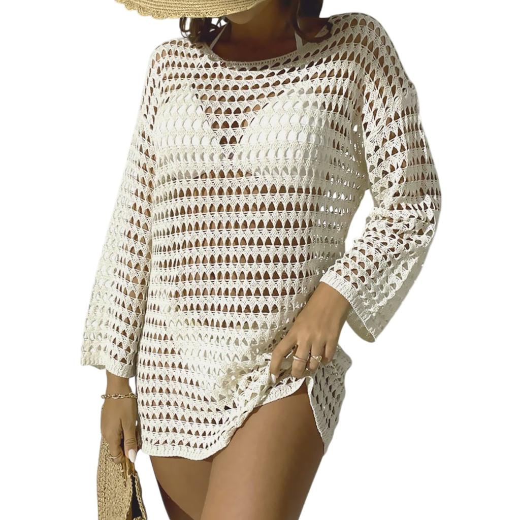 Women's Summer Knit Hollow Out Pullover Round Neck Long Sleeve Bikini Cover Up Beachwear Swimwear Dress