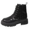 Fashion Patent Leather Thick Sole Ankle Boots Women Fashion Lace Up Zipper Black Platform Boots Woman Comfy Plus Size Motorcycle Shoes