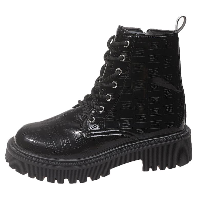 Fashion Patent Leather Thick Sole Ankle Boots Women Fashion Lace Up Zipper Black Platform Boots Woman Comfy Plus Size Motorcycle Shoes