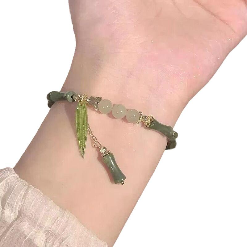 Exquisite Retro Handmade Bamboo Joint Beaded Bracelet For Women Girls  Leaves Tassel Bangles Party Charm Jewelry Gifts