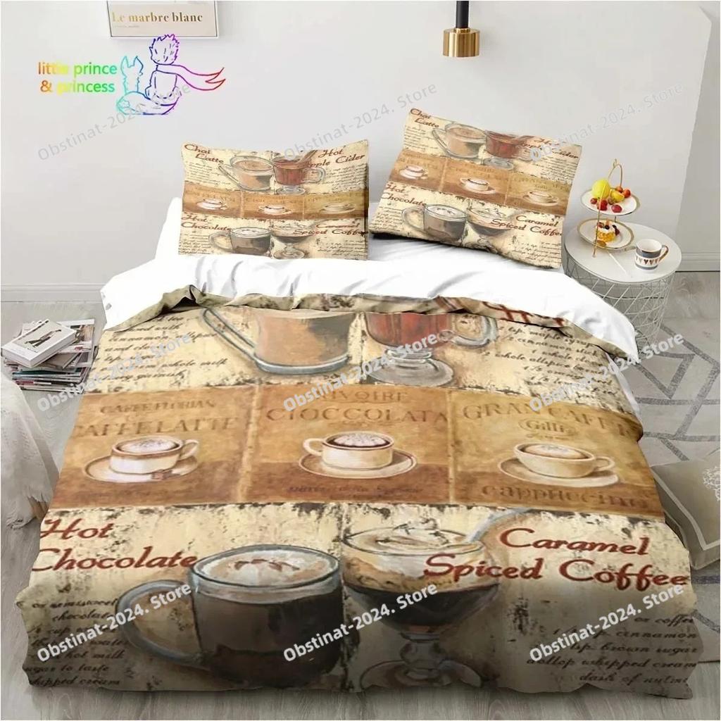 Coffee Pattern Bedding Set Printed Duvet Cover Sheet Pillowcase Bed Soft Quilt Cover Full Queen King Size Adult Kid Bedroom Gift
