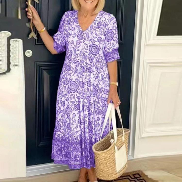 Floral Print Bohemian Maxi Dress Sexy V Neck Beach Party Short Sleeve Flowy Women