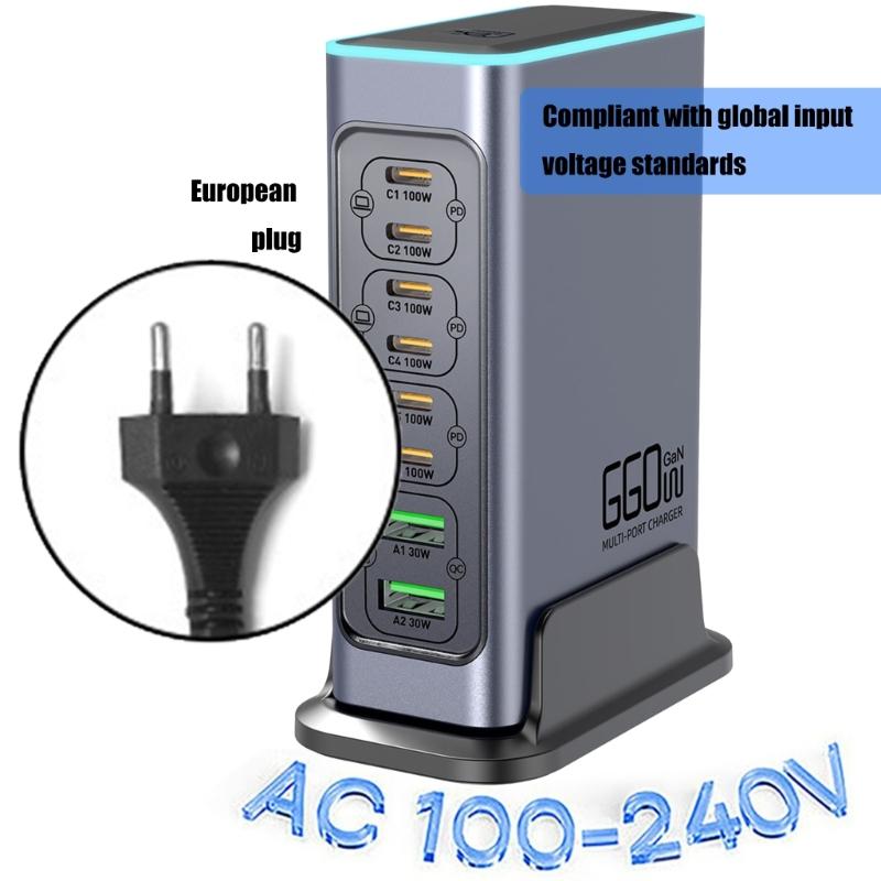 660W 8-Port Schnellladestation USB C PD100W Port für Laptops, Telefone, Tablets, Geräte Europäische Stecker Wandladegerät