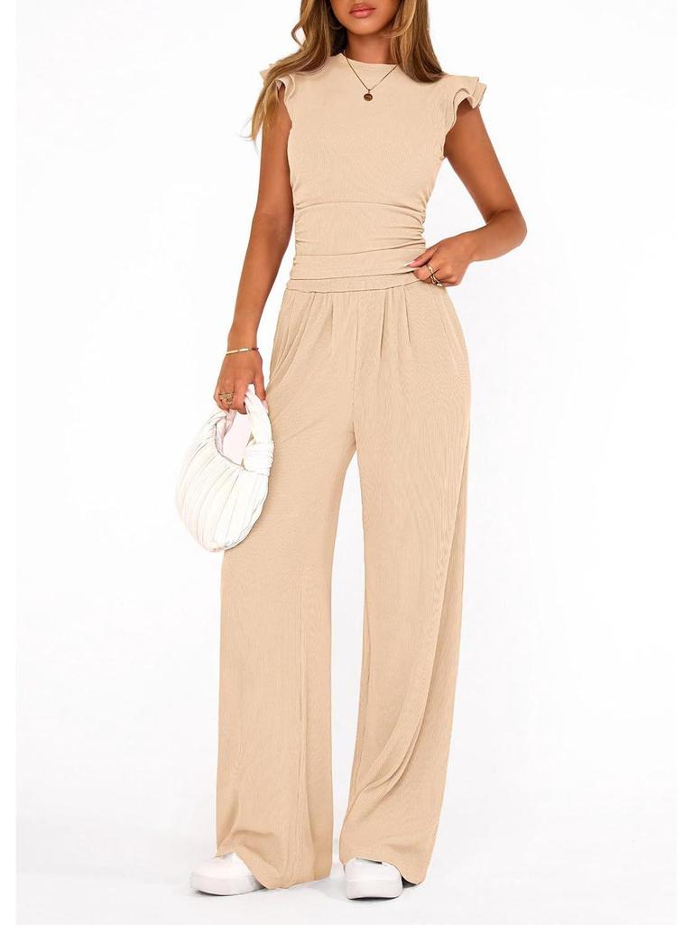 Women's 2026 Summer Solid Color Two-Piece Set with Ruffle Wide-Leg Pants