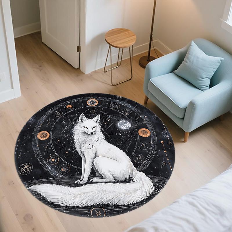 Black and White Fox,Round Area Rug,Carpet Rug for Living Room Bedroom Sofa Playroom Decor,Non-slip Floor Mat