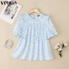 VONDA Women Elegant Puff Sleeve Floral Print Ruffled Casual Blouse