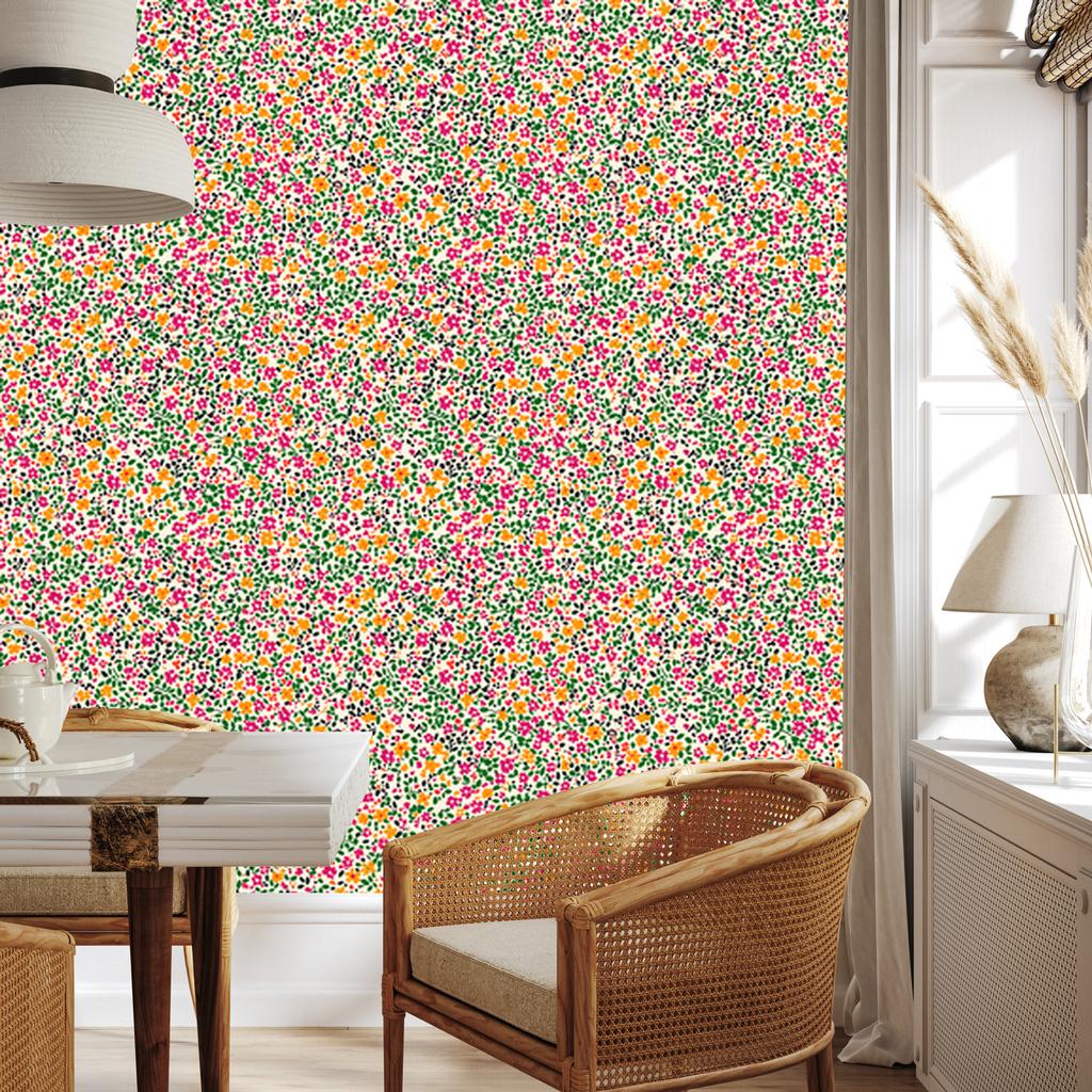 Wallpaper Small flowers beige, green, coral and lime 50x1000