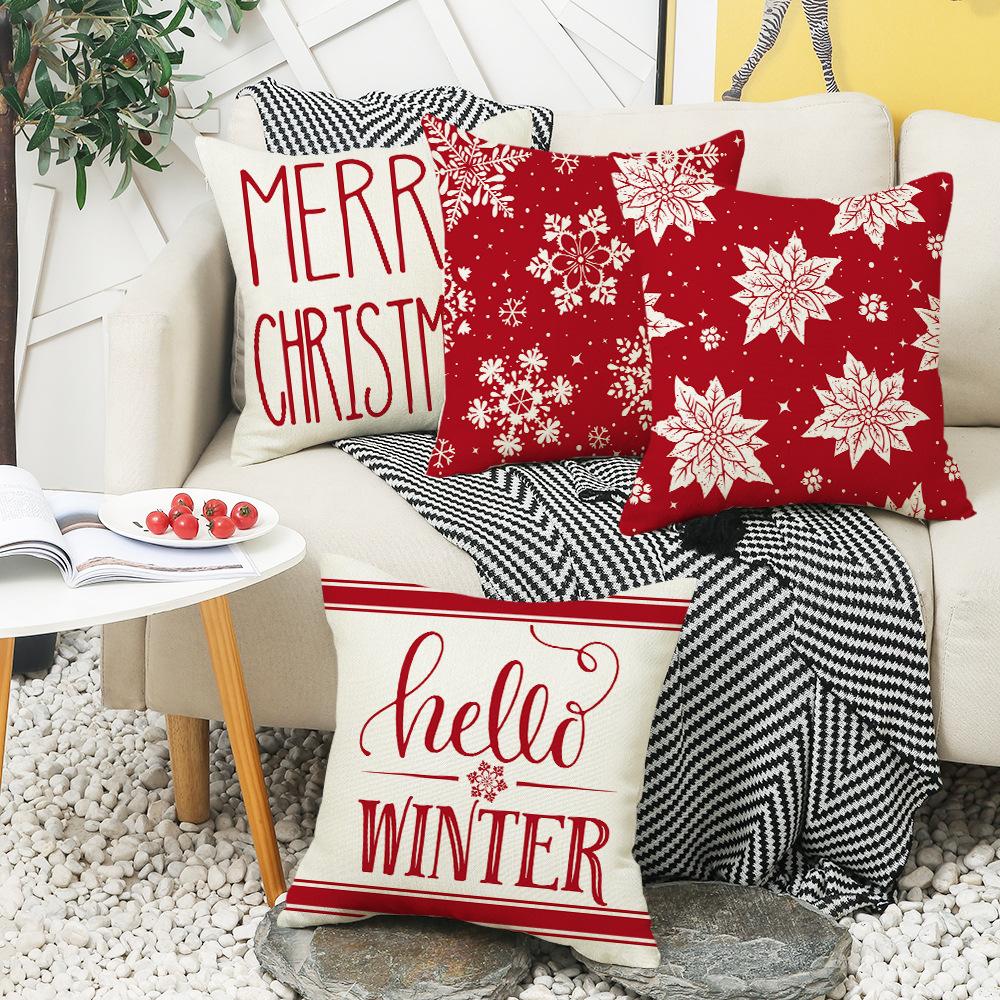 Christmas Red Pillowcase White Snowflake Linen Print Sofa Cushion Home Pillowcase