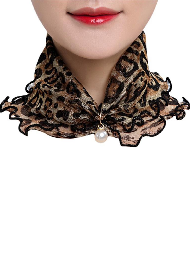 Women Gold Silk Ruffle Ring Scarf Fake Pearl Pendant Fashion Chiffon Neck Collar Thin Anti-UV  Neckerchief Hair Bandana Headban