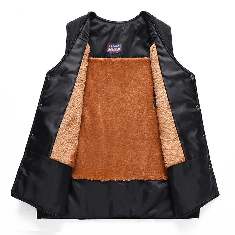 Men's Autumn/Winter Fleece-Lined Multi-Pocket Sleeveless Vest - Warm Cotton Waistcoat for Middle-Aged & Elderly