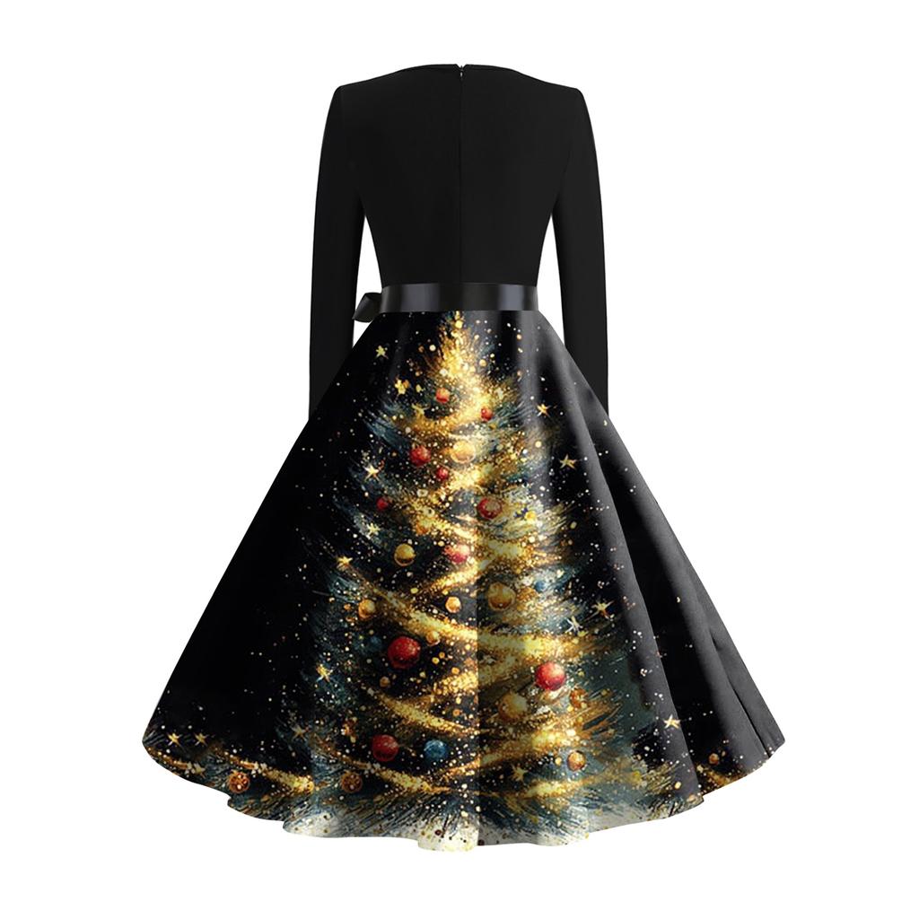 Women's Fashionable And Elegant Autmn And Winter Long-sleeved Christmas Tree Print Dress