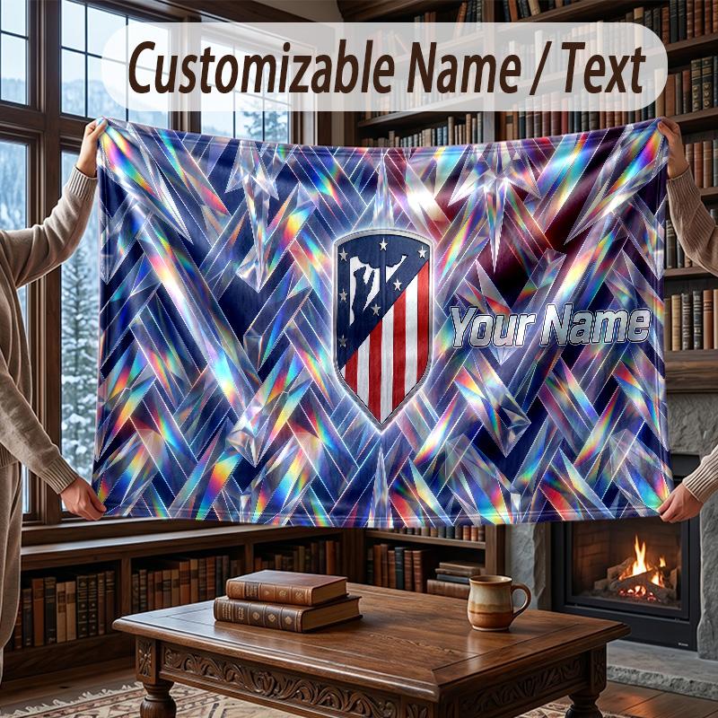 Custom Name Flannel Throw Blanket Atletico Madrid FC Pattern Warm Home Decoration