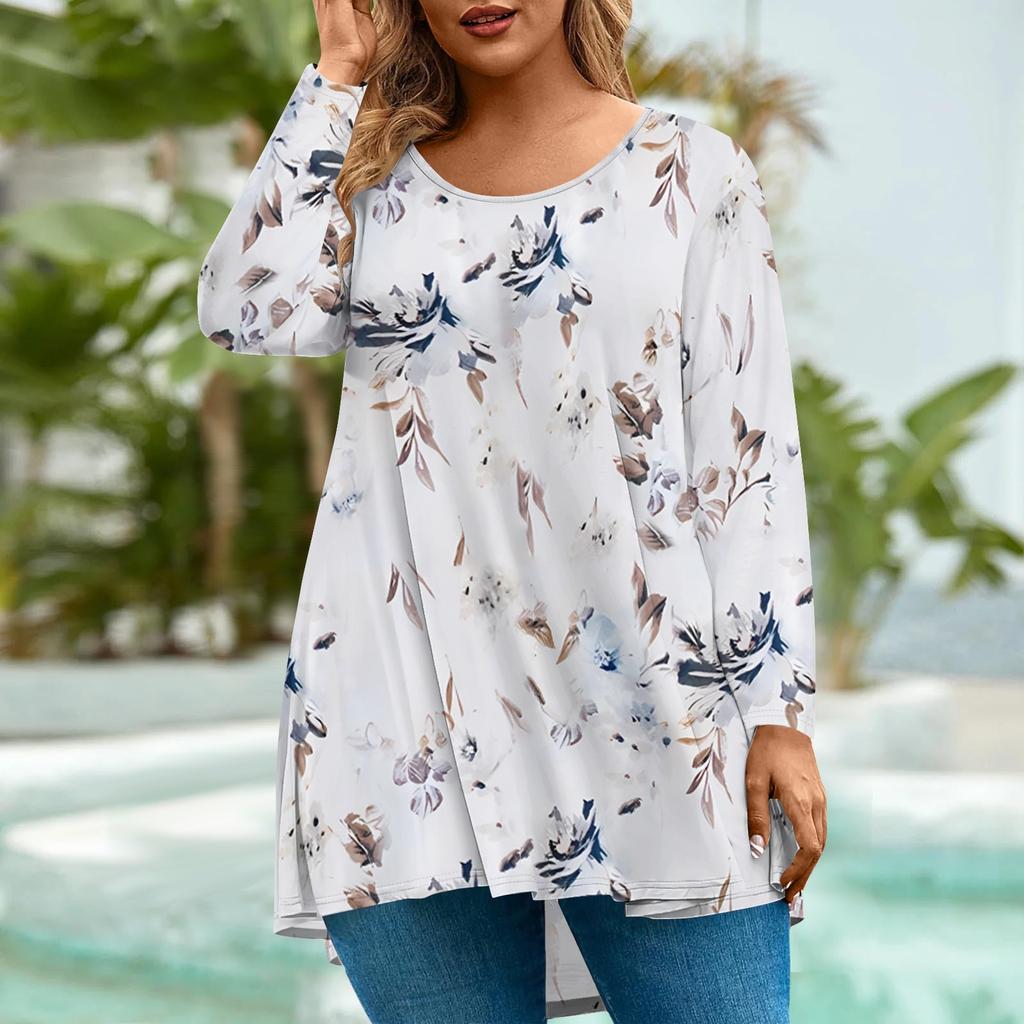 Women's Fashion Large Size Round Neck Long Sleeve Casual Print Loose Pullover Top